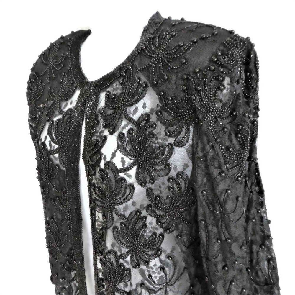 Vintage Scala 80s Evening Jacket Beaded Floral Lace Black Formal Sheer PL Large
